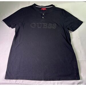 Guess Los Angeles Men's Black Henley Shirt Short Sleeve Embossed Logo Size Large